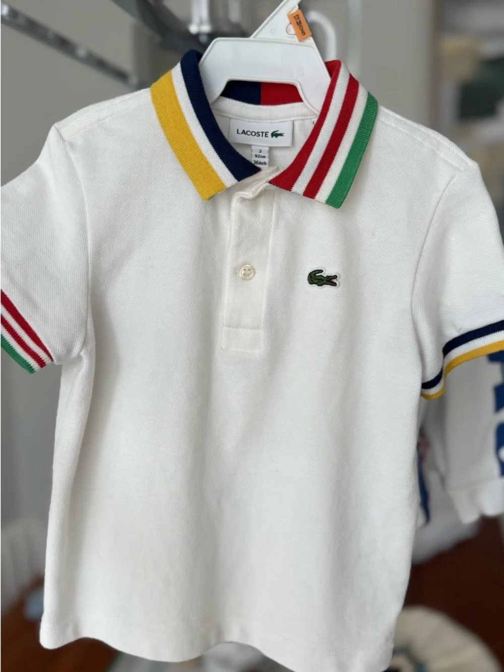 Lacoste White Kids Polo with Multicolor Stripe Collar and Trim - Picture 2 of 4